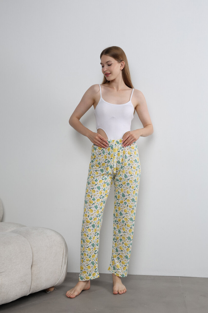 Kadın Pamuklu Limon Desenli Yüksek Bel Pijama Altı Yazlık Homewear