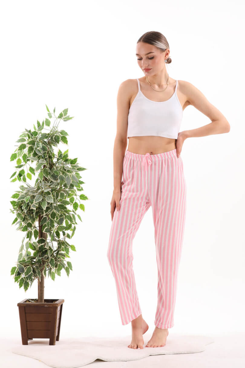 Bambu Kumaş Pembe Çizgili Yumuşak Dokulu Pijama Altı